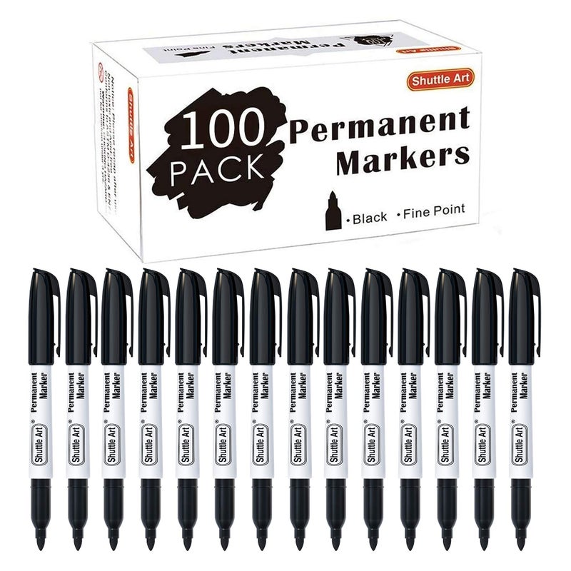 Shuttle Art 100 Pack Black Permanent Markers, Fine Point Permanent Marker Pens Set Perfect on Plastic, Wood, Stone, Metal and Glass for Doodling, Writing, Marking, Office School Supplies - Image 1