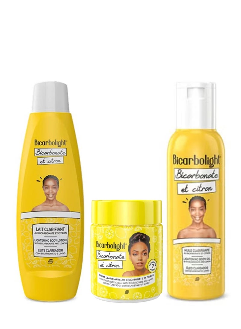 Bicarbolight lightening Body Oil, Body Lotion and Body Cream Set With Bicarbonate and lemon Clarifies the skin harmoniously Moisturizes, softens, and smoothes - Pack of 3 - Image 1