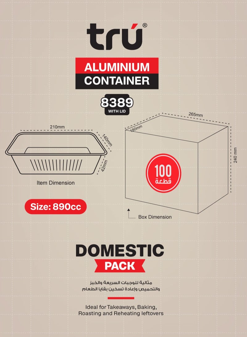 Tru Aluminum Food Containers 8389 890cc 100pcs with Lids Aluminium - Image 4
