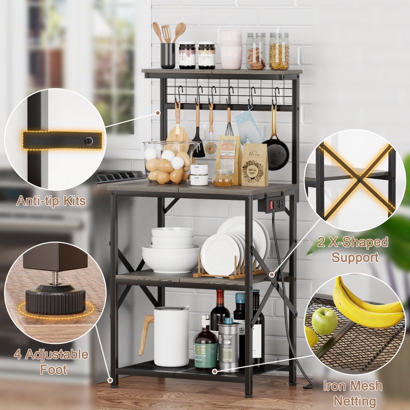 Furologee Kitchen Bakers Rack with Power Outlet, Coffee Bar Station with Storage 4 Tiers, Microwave Oven Stand with 6 S Hooks, Kitchen Storage Shelves Rack for Spices, Pots, Black Oak - Image 5