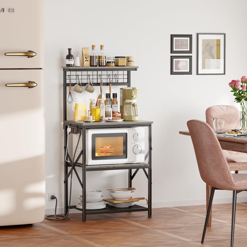 Furologee Kitchen Bakers Rack with Power Outlet, Coffee Bar Station with Storage 4 Tiers, Microwave Oven Stand with 6 S Hooks, Kitchen Storage Shelves Rack for Spices, Pots, Black Oak - Image 2