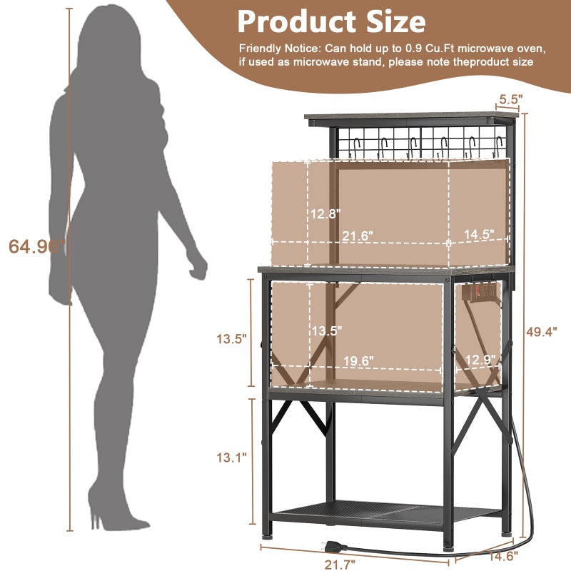 Furologee Kitchen Bakers Rack with Power Outlet, Coffee Bar Station with Storage 4 Tiers, Microwave Oven Stand with 6 S Hooks, Kitchen Storage Shelves Rack for Spices, Pots, Black Oak - Image 3