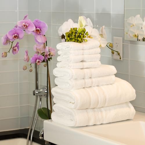 Mosobam Luxury Turkish 8pc Towel Set 30X58 16X30 13X13 White 700 GSM Bamboo Viscose & Aegean Turkish Combed Cotton - Image 2