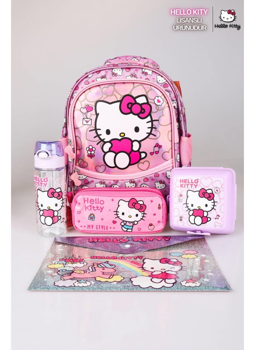 Hello Kitty مجموعة حقائب مدرسية جديدة مرخصة من عالم سباركلينغ الخاصة، حقيبة مدرسية وحقيبة أقلام، زجاجة ماء، صندوق غداء، مجموعة ملفات سنياب  - Image 1