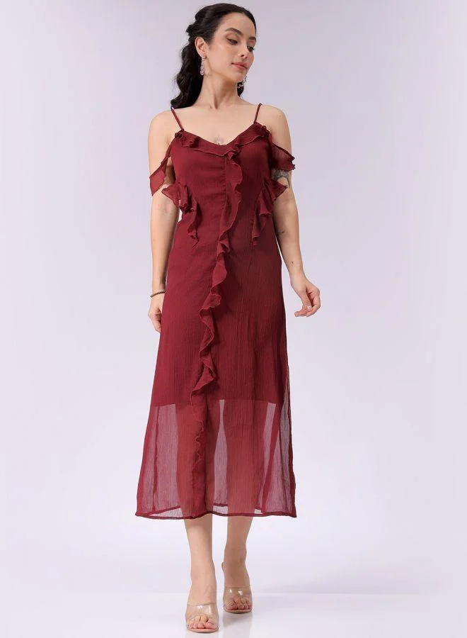 Freehand  Women Fit and Flared Solid V-Neck Sleeveless Ruffle Dress for Women | Best Price UAE