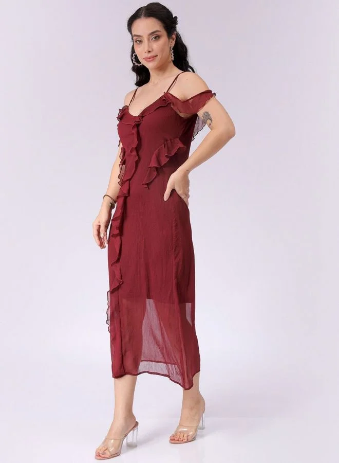Freehand  Women Fit and Flared Solid V-Neck Sleeveless Ruffle Dress for Women | Best Price UAE