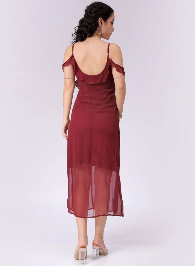 Freehand  Women Fit and Flared Solid V-Neck Sleeveless Ruffle Dress for Women | Best Price UAE