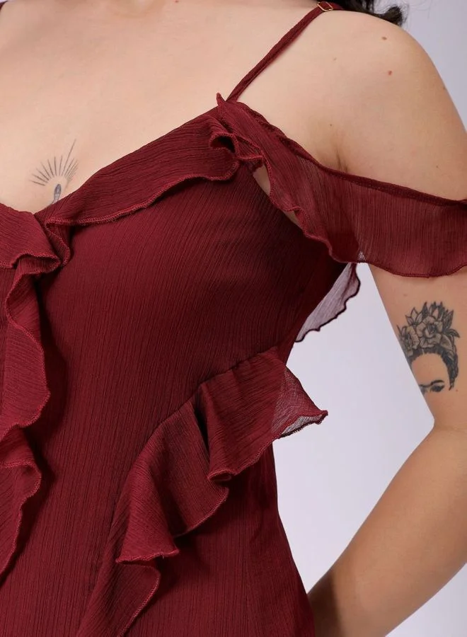 Freehand  Women Fit and Flared Solid V-Neck Sleeveless Ruffle Dress for Women | Best Price UAE