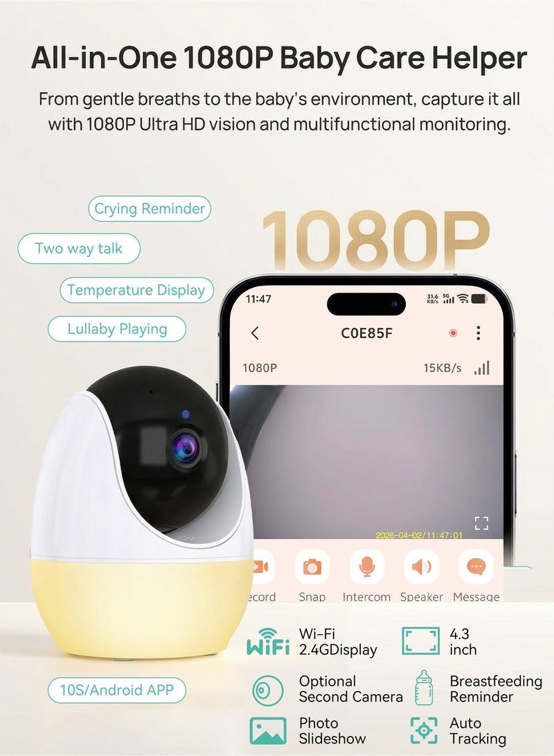ULHYC Baby Monitor with Camera and Audio, Smart Video Baby Monitor with Night Vision, 4.3" Screen, WiFi + 2.4G, Remote PTZ, Two-Way Audio, Cry Detection, Motion Alert, APP Control, Night Light, 13-Hour Battery – Ideal Gift for Parents - Image 5