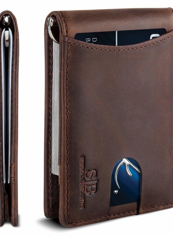 SERMAN BRANDS RFID Blocking Slim Bifold Genuine Leather Minimalist Front Pocket Wallets for Men with Money Clip Thin Gift, A. Texas Brown 1.s, Slim - Image 1