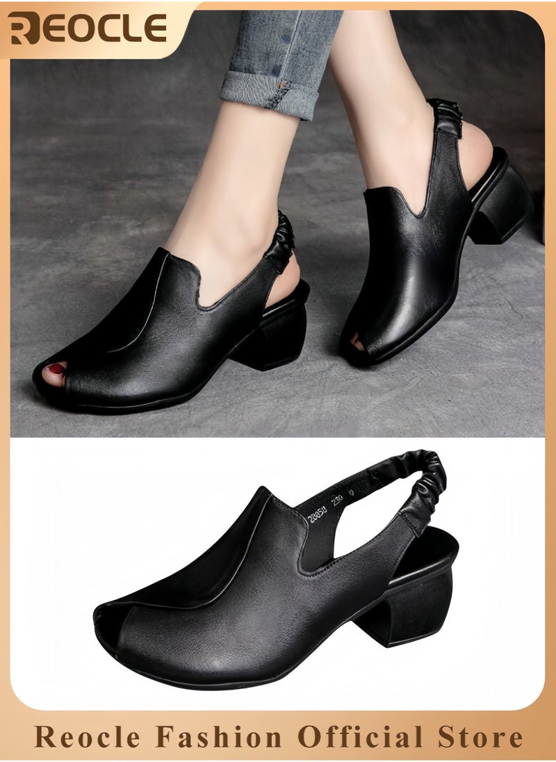 ريوكل صنادل نسائية حذاء جلدي بكعب سميك ومفتوح عند الأصابع مع حزام للكاحل صنادل مريحة بأسلوب رجعي مع شريط مطاطي - Image 1