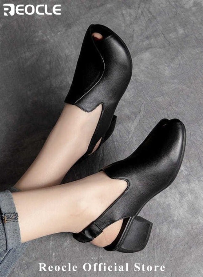 ريوكل صنادل نسائية حذاء جلدي بكعب سميك ومفتوح عند الأصابع مع حزام للكاحل صنادل مريحة بأسلوب رجعي مع شريط مطاطي - Image 2