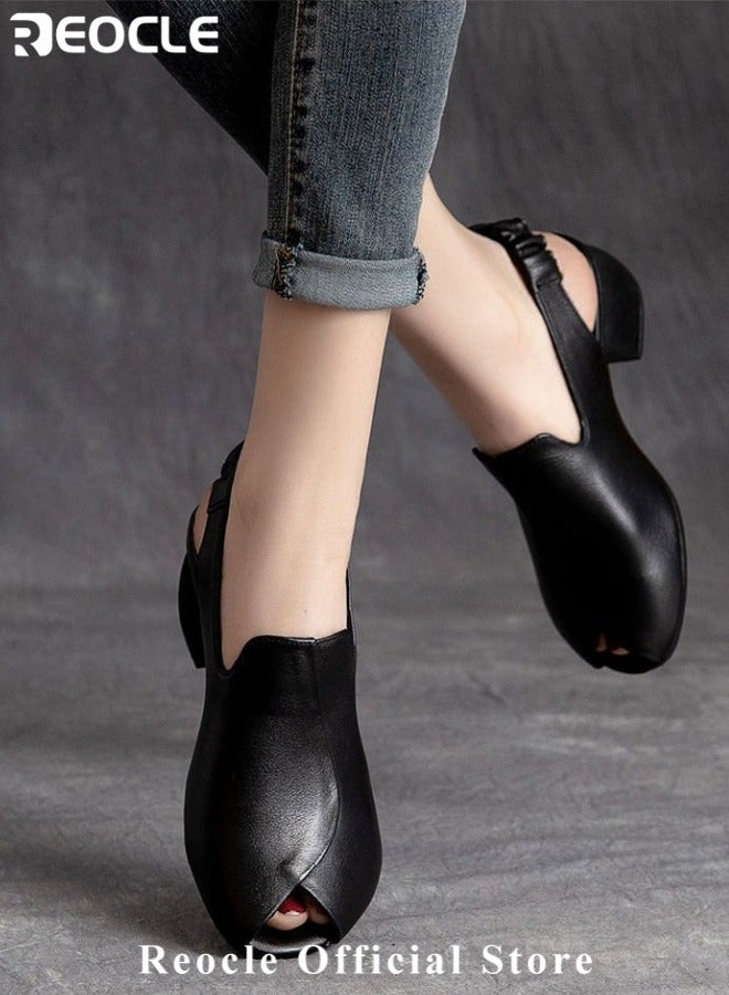 ريوكل صنادل نسائية حذاء جلدي بكعب سميك ومفتوح عند الأصابع مع حزام للكاحل صنادل مريحة بأسلوب رجعي مع شريط مطاطي - Image 3