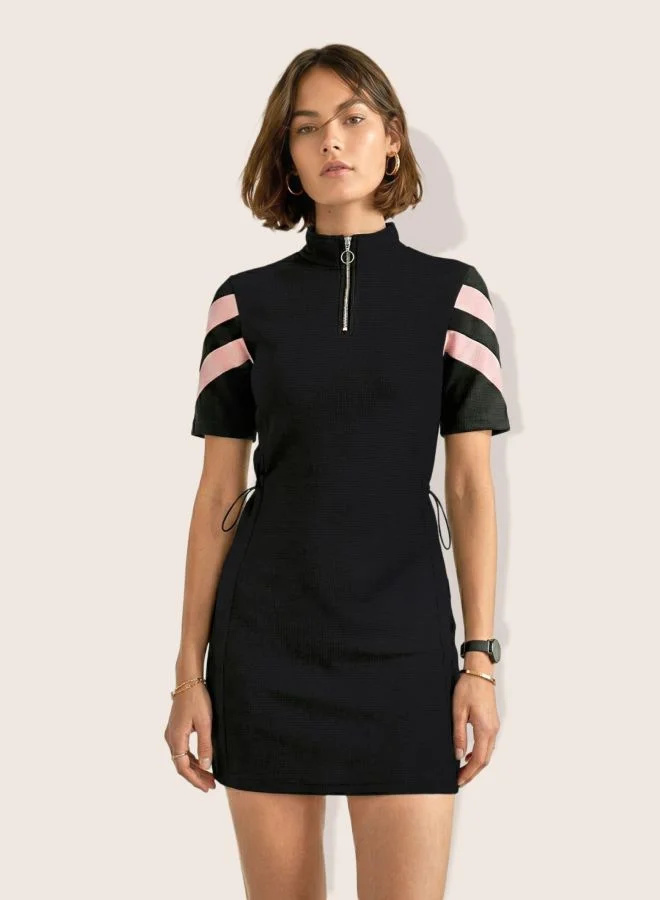 Women Fit and Flared Colourblocked Crew Neck Short Sleeve Sweat Dress