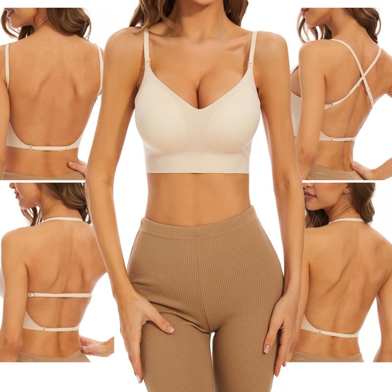 ForBaysy Low Back Bra for Women Wirefree Seamless Backless Multiway Straps Convertible Halter Bra with Padded Removeable Beige - Image 1