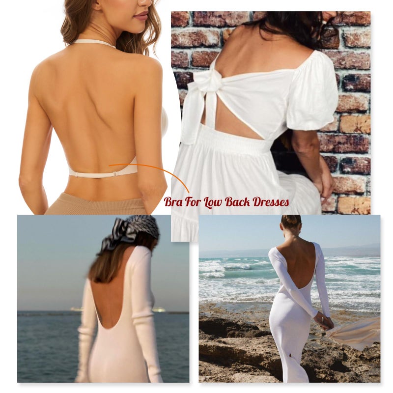 ForBaysy Low Back Bra for Women Wirefree Seamless Backless Multiway Straps Convertible Halter Bra with Padded Removeable Beige - Image 3