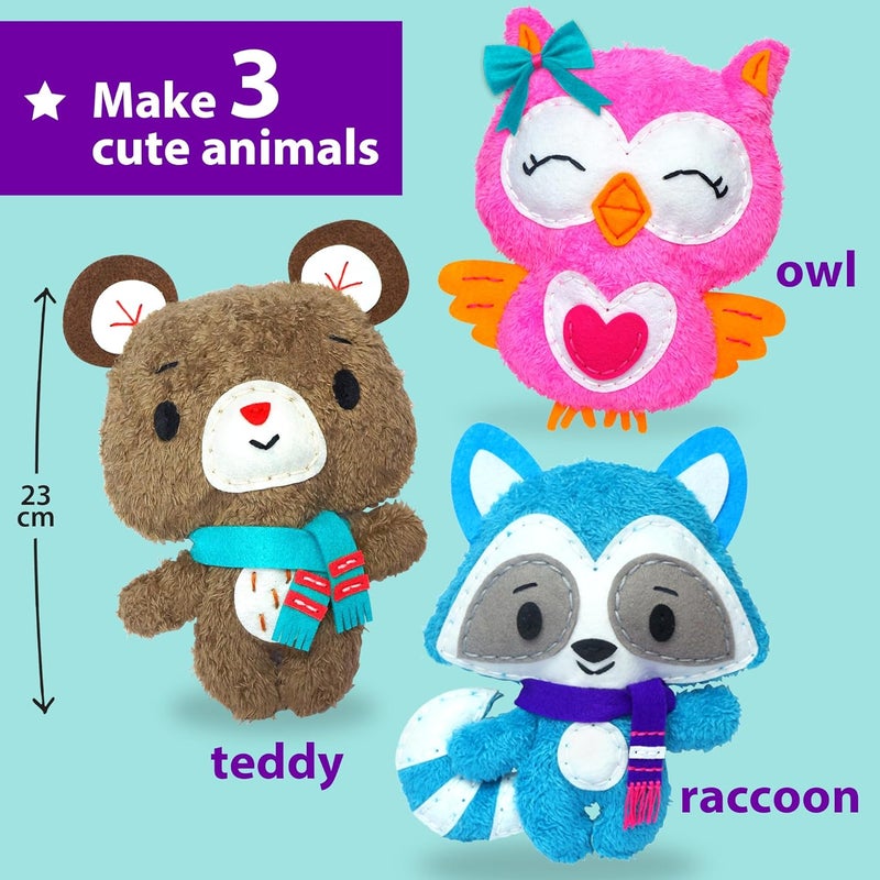 KRAFUN Sewing Kit for Kids Age 7 8 9 10 11 12 Beginner My First Art & Craft, Includes 3 Stuffed Animal Dolls Teddy, Raccoon and Owl, Instructions & Plush Felt Materials for Learn to Sew, Embroidery - Image 2