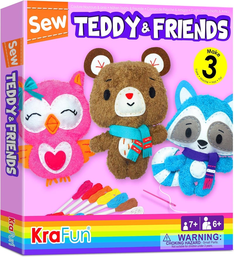KRAFUN Sewing Kit for Kids Age 7 8 9 10 11 12 Beginner My First Art & Craft, Includes 3 Stuffed Animal Dolls Teddy, Raccoon and Owl, Instructions & Plush Felt Materials for Learn to Sew, Embroidery - Image 1
