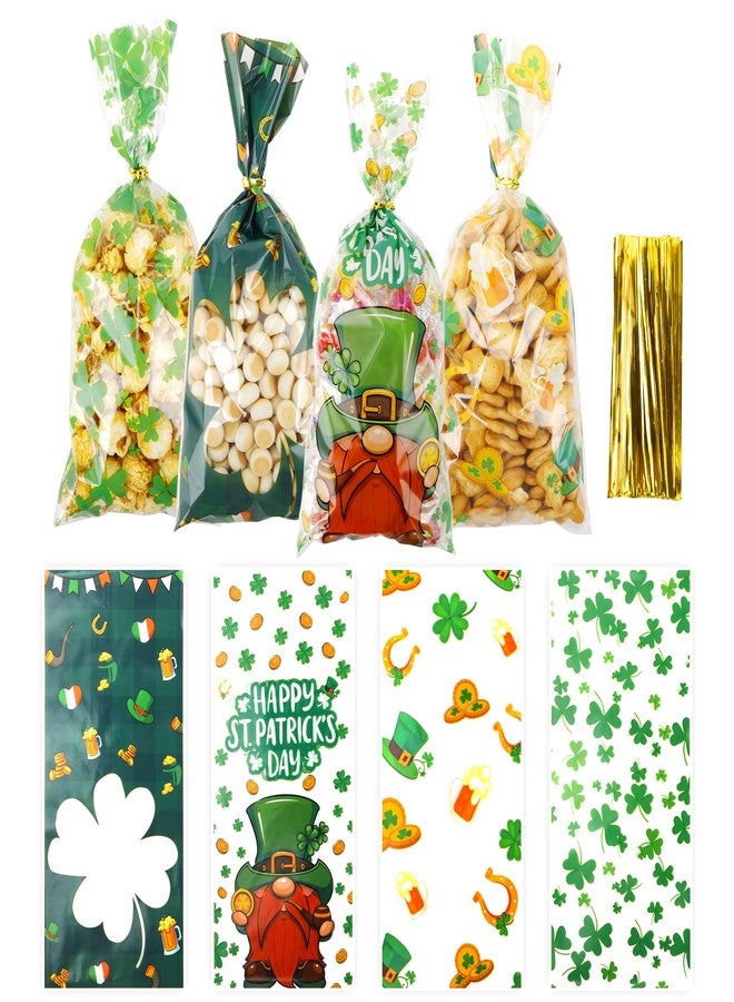 ChicQuench St. Patrick's Day Cellophane Treat Bags, 100PCS Green Lucky Shamrock Candy Bags, Gift Bags with 100PCS Twist Ties for St. Patrick Day Irish Party Supplies - Image 1