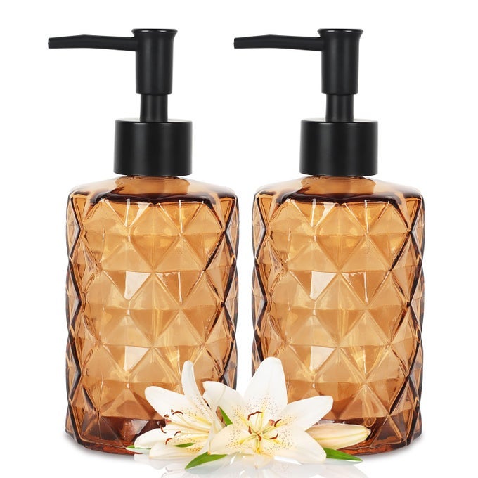 2PCS AMBER GLASS SOAP DISPENSER 330ML11OZ WITH BLACK PUMP SHAMPOO CONDITIONER DISPENSER MULTIFUNCTION LOTION BOTTLES FOR KITCHEN SINK AND BATHROOM BROWN
