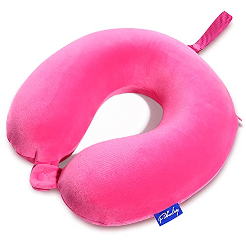 Fabuday Memory Foam Neck Pillows for Travel - Travel Neck Pillows for Airplanes with Attachable Snap Strap Soft Washable Cover, Flight Neck Pillows Provide Neck Rest for Traveling, Car, Home, Office, Pink - Image 1