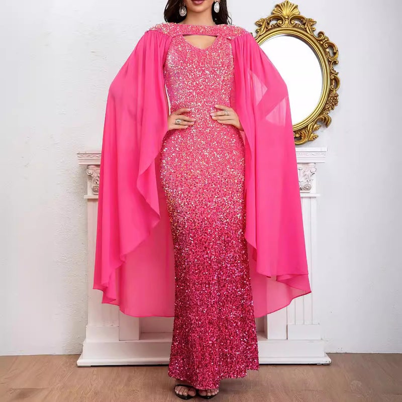 Elegant Sequin Halter Gown Evening Dress Magenta