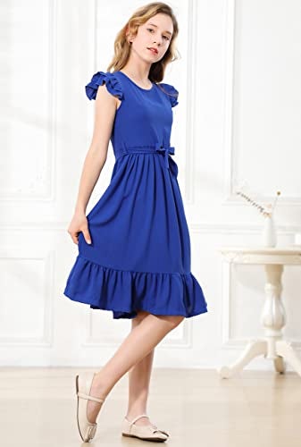 RETSUGO Blue Little Girls Dress Flutter Sleeve Stretchy A-Line Swing Flared Skater Party Dress Short Flowy Pleated Royal Blue Dresses with Belt6-7/1448 - Image 5