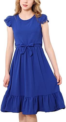 RETSUGO Blue Little Girls Dress Flutter Sleeve Stretchy A-Line Swing Flared Skater Party Dress Short Flowy Pleated Royal Blue Dresses with Belt6-7/1448 - Image 1