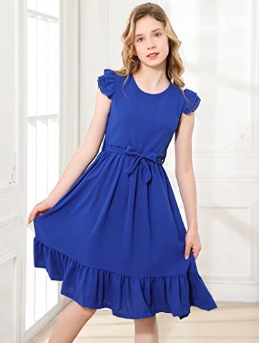 RETSUGO Blue Little Girls Dress Flutter Sleeve Stretchy A-Line Swing Flared Skater Party Dress Short Flowy Pleated Royal Blue Dresses with Belt6-7/1448 - Image 3