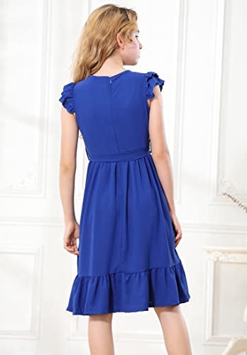 RETSUGO Blue Little Girls Dress Flutter Sleeve Stretchy A-Line Swing Flared Skater Party Dress Short Flowy Pleated Royal Blue Dresses with Belt6-7/1448 - Image 4