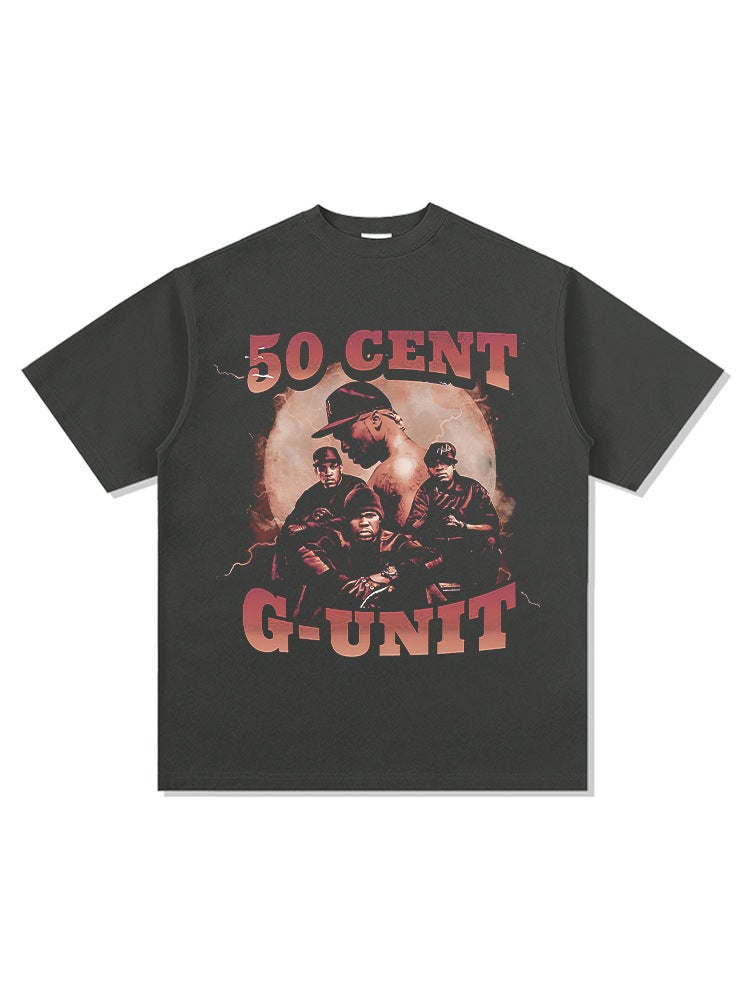 HIPHOP 50CENT Printed Short Sleeve T-Shirt Retro Summer Hip Hop Street Heavy Loose Top - Image 4