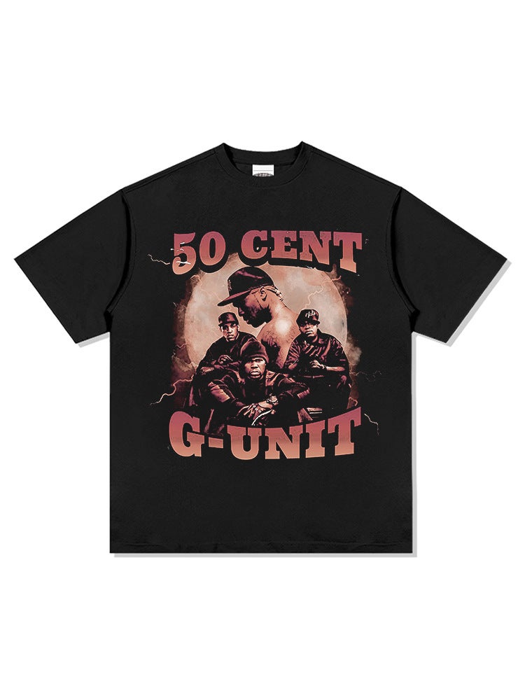 HIPHOP 50CENT Printed Short Sleeve T-Shirt Retro Summer Hip Hop Street Heavy Loose Top - Image 3