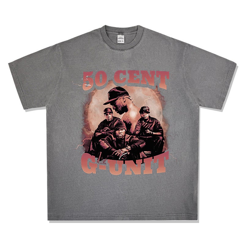 HIPHOP 50CENT Printed Short Sleeve T-Shirt Retro Summer Hip Hop Street Heavy Loose Top - Image 1