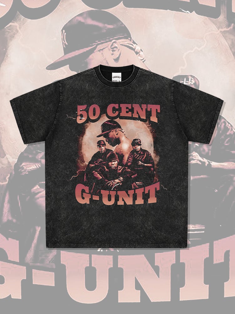 HIPHOP 50CENT Printed Short Sleeve T-Shirt Retro Summer Hip Hop Street Heavy Loose Top - Image 2