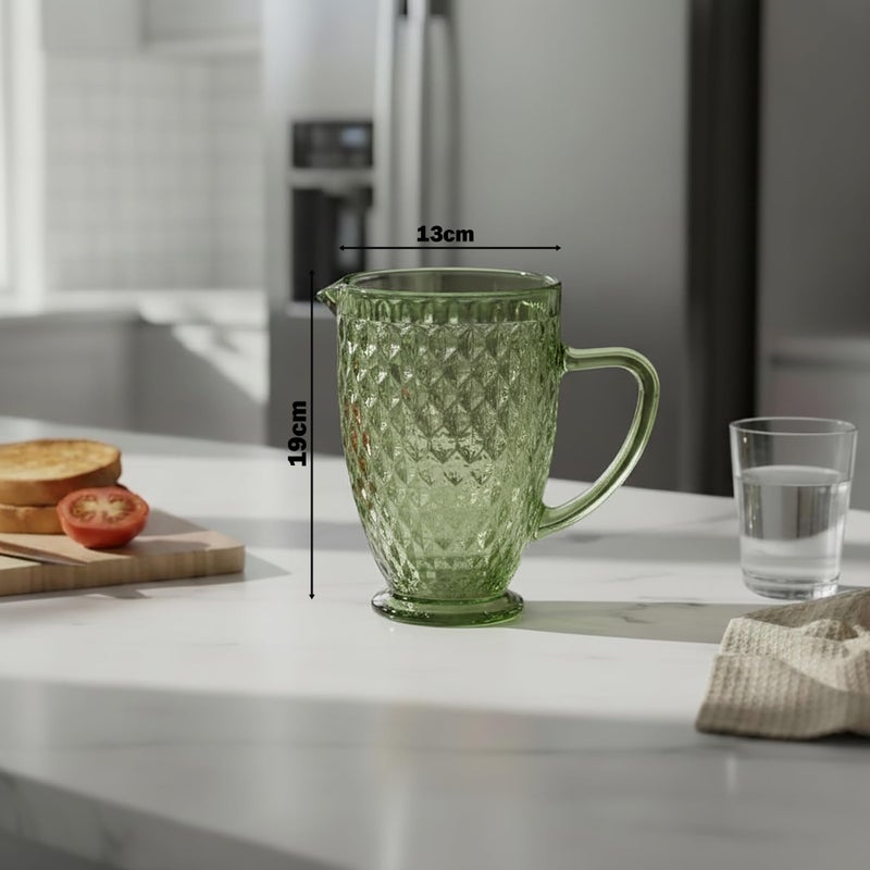 Glass Jug with Handle, 1.5Litre, Diamond design, High quality Glass - Green - Image 2