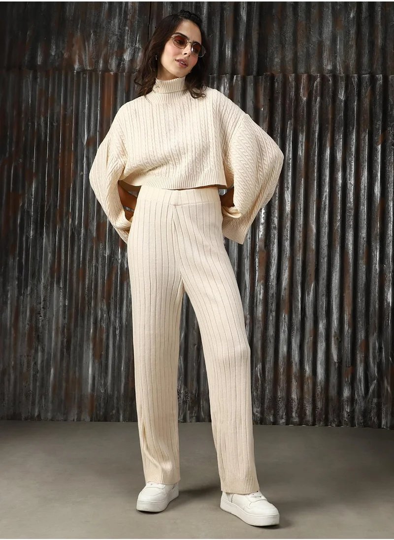 HIGH STAR Women's White 100% Acrylic Solid Cropped Full Length Casual Co-Ords