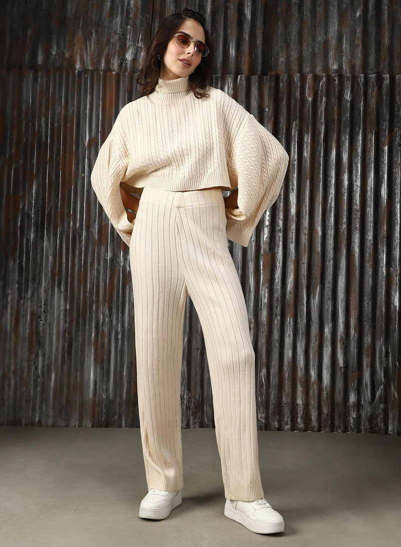 HIGH STAR Women's White 100% Acrylic Solid Cropped Full Length Casual Co-Ords - Image 1