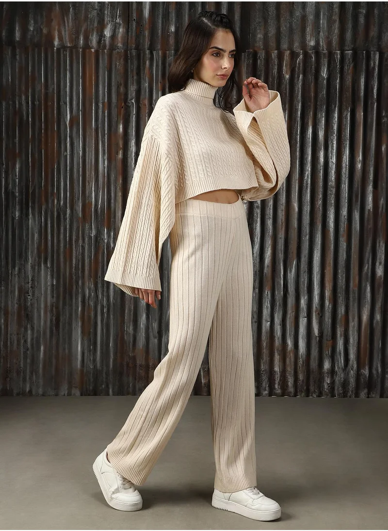 HIGH STAR Women's White 100% Acrylic Solid Cropped Full Length Casual Co-Ords
