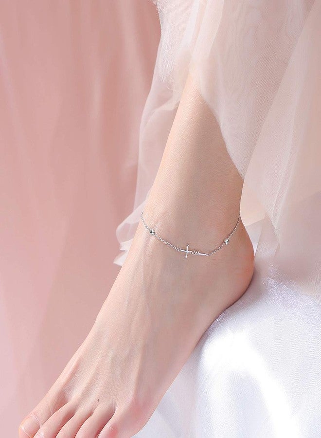 Yearace Anklet for Women 925 Sterling Silver Faith Hope Love Adjustable Foot Beaded Cross Anklets Bracelet Jewelry Summer for Women 9 10 inch - Image 2