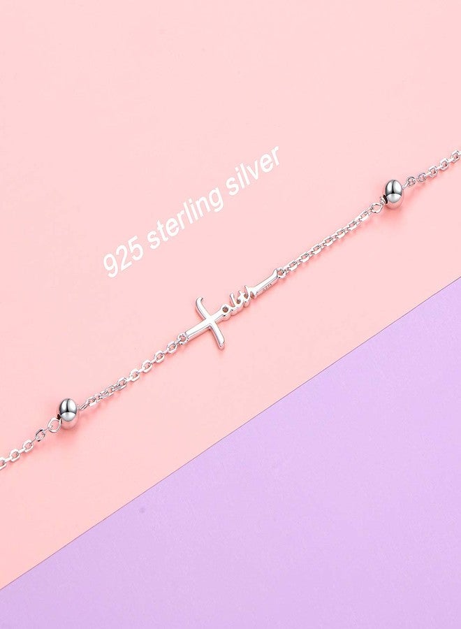 Yearace Anklet for Women 925 Sterling Silver Faith Hope Love Adjustable Foot Beaded Cross Anklets Bracelet Jewelry Summer for Women 9 10 inch - Image 3