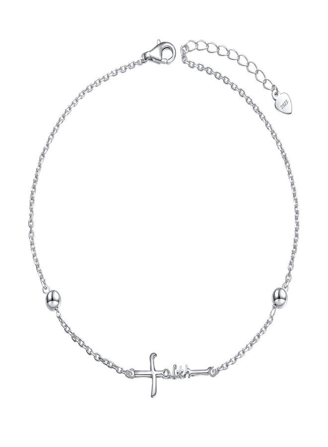 Yearace Anklet for Women 925 Sterling Silver Faith Hope Love Adjustable Foot Beaded Cross Anklets Bracelet Jewelry Summer for Women 9 10 inch - Image 1
