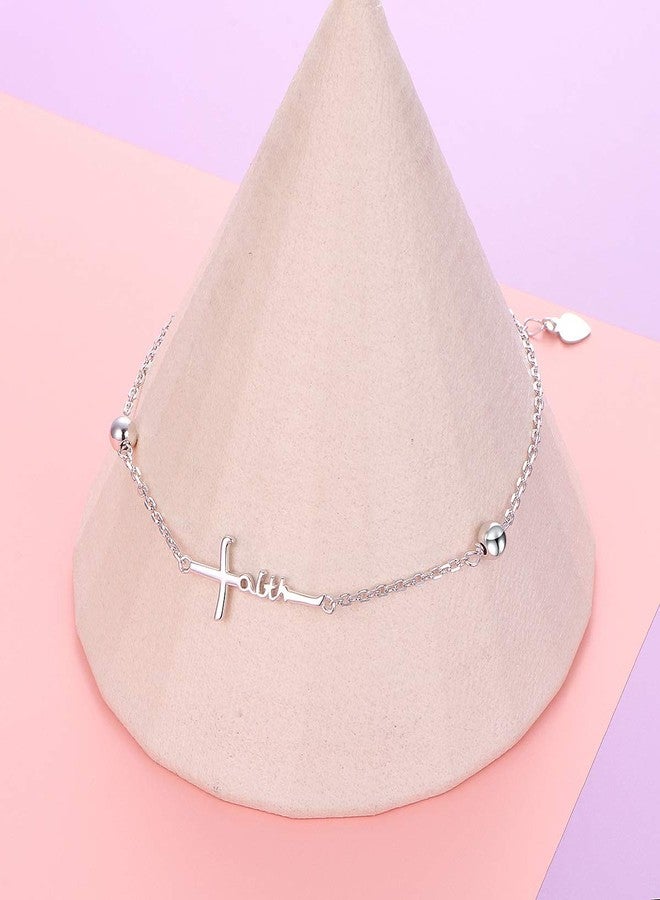 Yearace Anklet for Women 925 Sterling Silver Faith Hope Love Adjustable Foot Beaded Cross Anklets Bracelet Jewelry Summer for Women 9 10 inch - Image 4