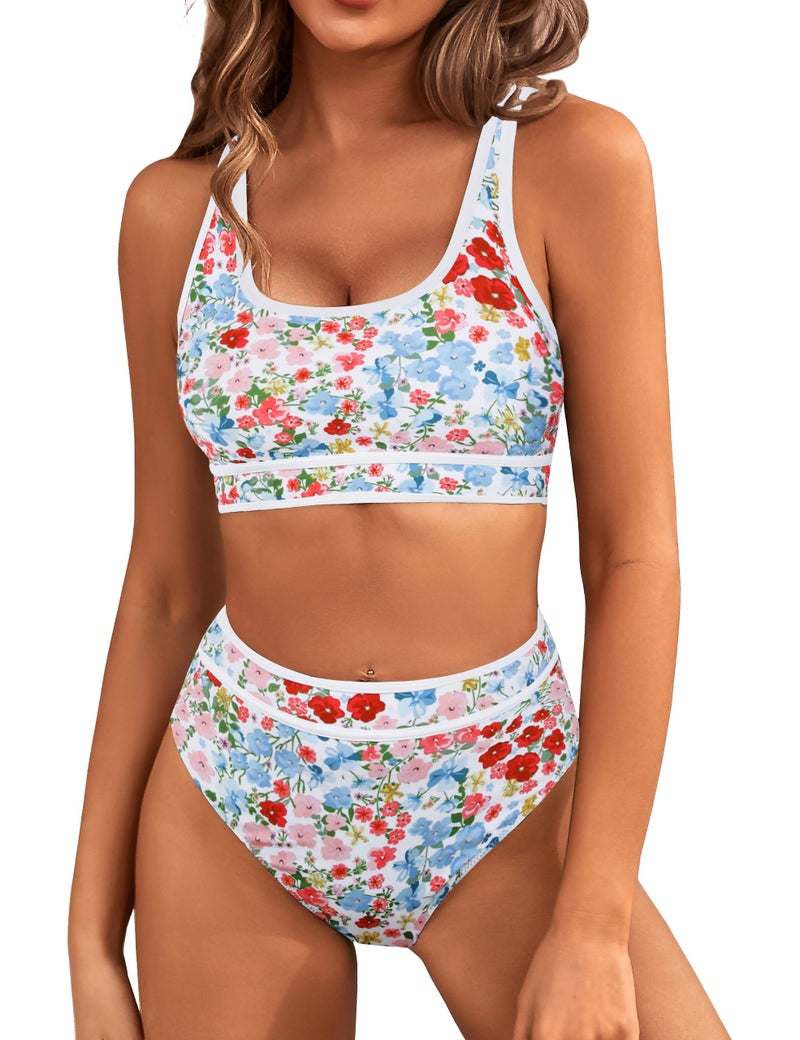 BMJL Women's High Waisted Bikini Sets Sporty Two Piece Swimsuits Color Block Cheeky High Cut Bathing Suits(XL,Colorful Floral) - Image 1