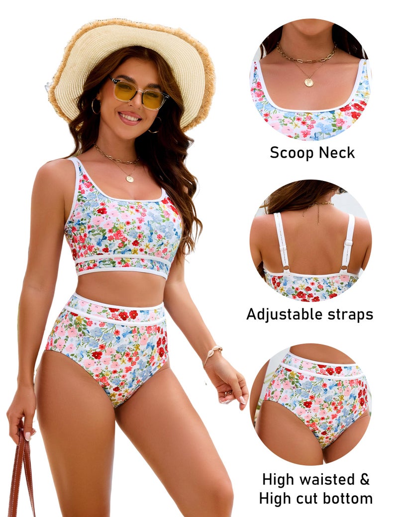BMJL Women's High Waisted Bikini Sets Sporty Two Piece Swimsuits Color Block Cheeky High Cut Bathing Suits(XL,Colorful Floral) - Image 4