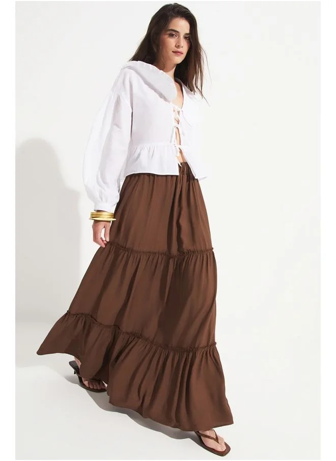 جون June Exclusive Elastic Waist Viscose Blend Maxi Skirt Dark Brown