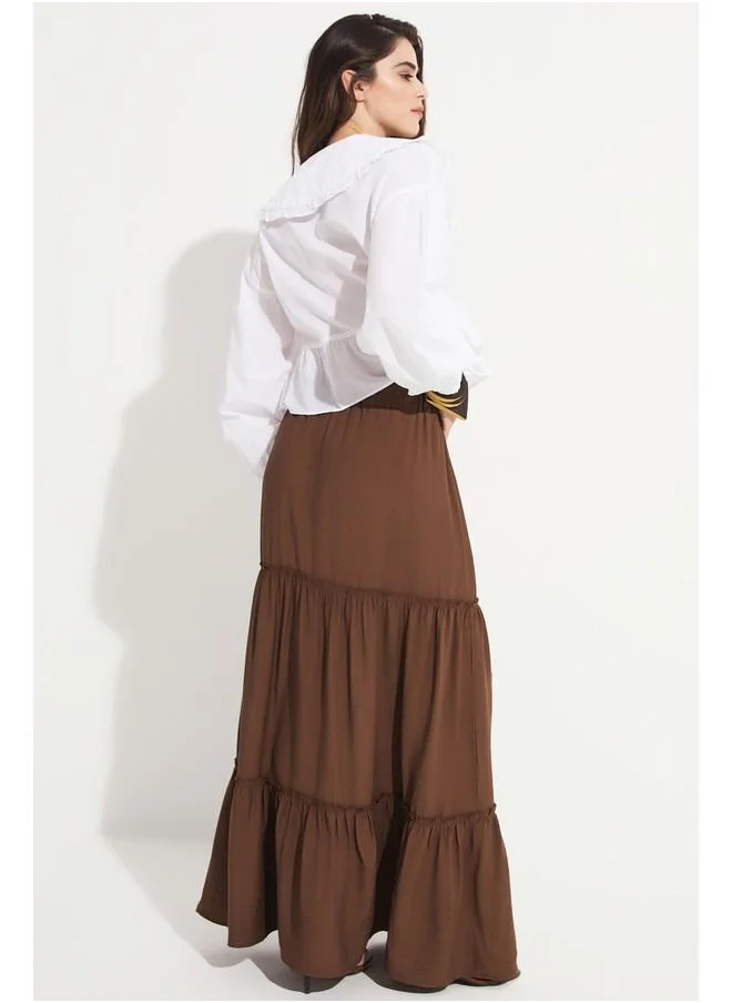 جون June Exclusive Elastic Waist Viscose Blend Maxi Skirt Dark Brown