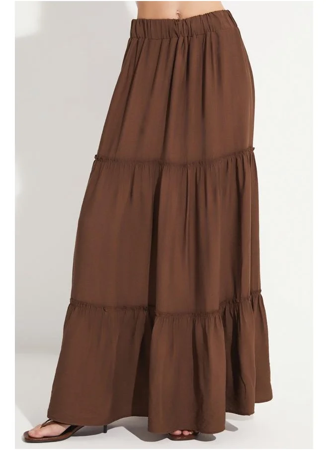 جون June Exclusive Elastic Waist Viscose Blend Maxi Skirt Dark Brown