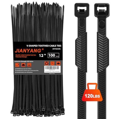 JIANYANG Zip Ties Heavy Duty 12 inch，V-Shaped Toothed Double Sided With 120 LBS Tensile Strength Cable Ties ，Extra Large Wire Ties Adjustable Nylon Tie Wraps for Indoor Outdoor Patented Design（100 Pack Black） - Image 1