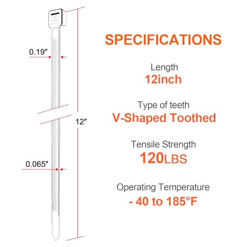 JIANYANG Zip Ties Heavy Duty 12 inch，V-Shaped Toothed Double Sided With 120 LBS Tensile Strength Cable Ties ，Extra Large Wire Ties Adjustable Nylon Tie Wraps for Indoor Outdoor Patented Design（100 Pack Black） - Image 3