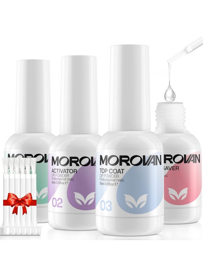 Morovan Dip Powder Liquid Set with Activator Base Top Coat and Dipping Powder Brush Saver 4pcs 0.5oz for Dip Powder Nail Kit - Image 1